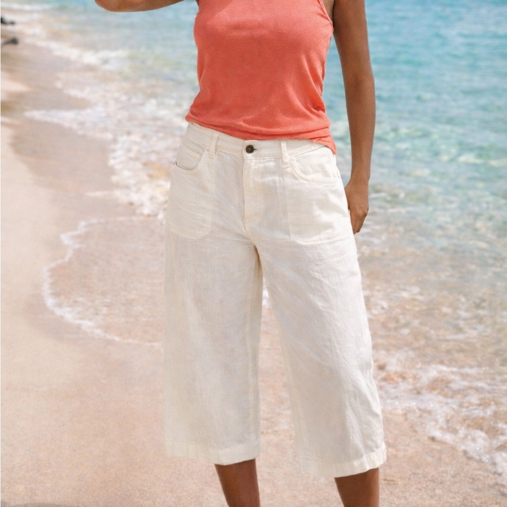Jones New York Linen Blend Wide Leg Cropped Pants Size 16 White Beach Coastal